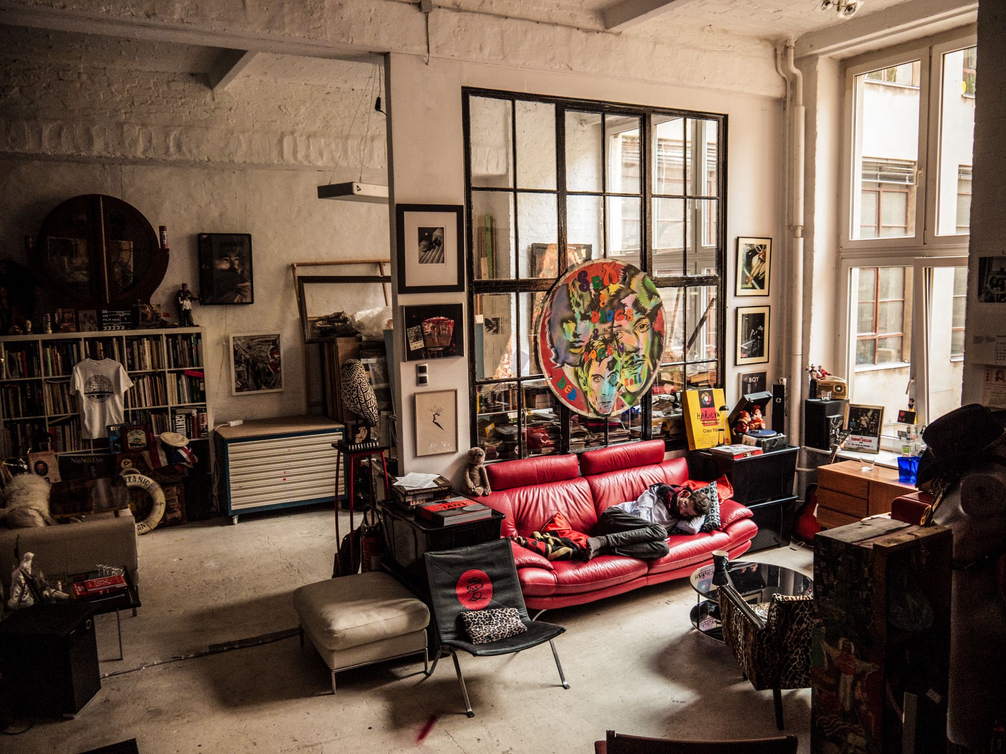 Red sofa in studio